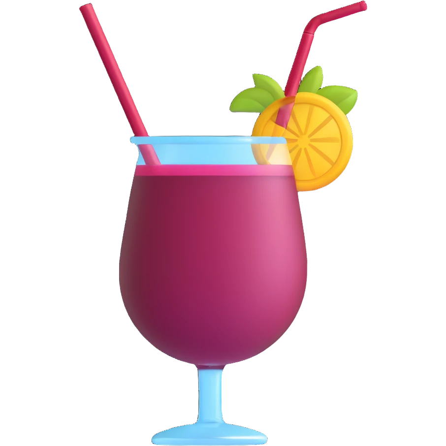 3D emoji style cocktail glass with burgundy drink and a striped straw emoji