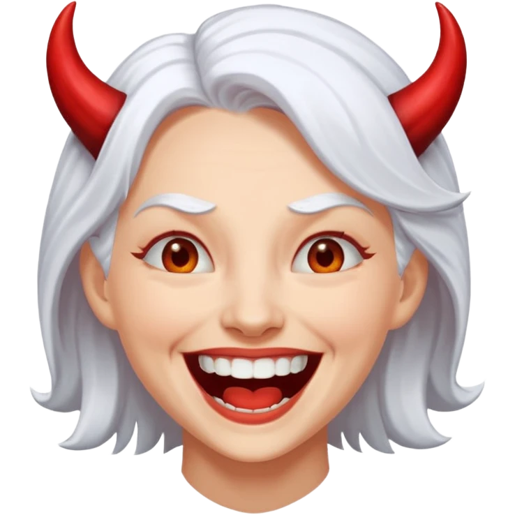 White haired woman laughing at the devil emoji