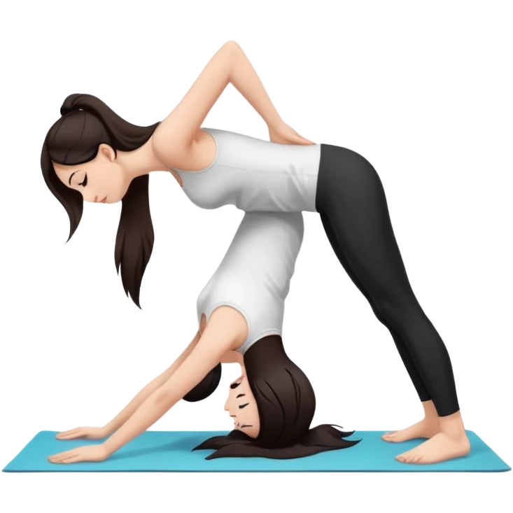 Девушка белокожая в позе собака мордой вниз, с длинными темными волосами, в белом топе, в черных лосинах, с черными ресницами emoji