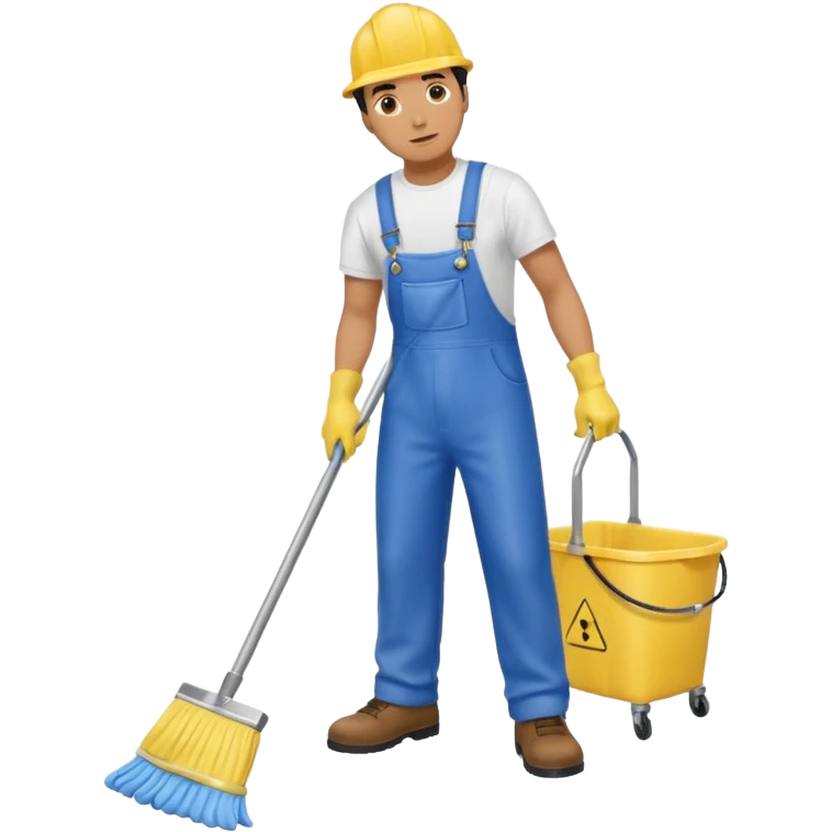 Custodian with yellow rubber gloves, white T-shirt, blue overalls, mopping floor emoji