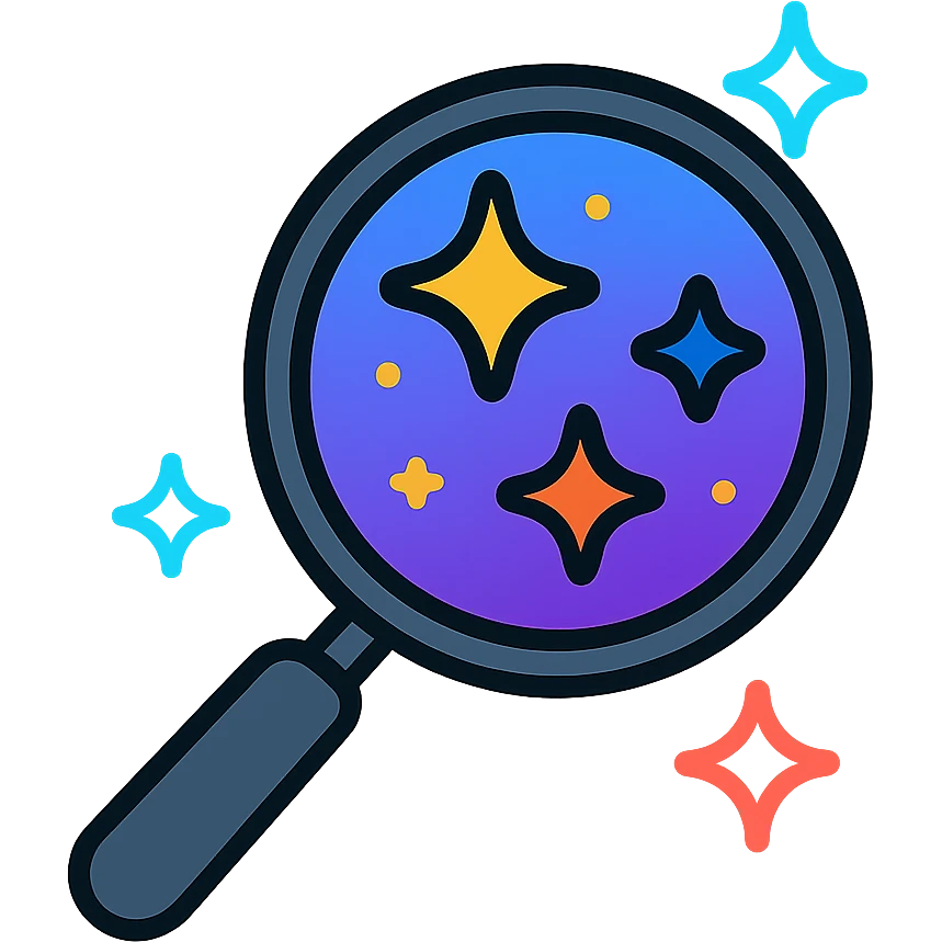 lupa de búsqueda con marco de metal oscuro, lente con campo de estrellas brillante y colorido, borde de neón, efecto animado de estrellas parpadeando emoji