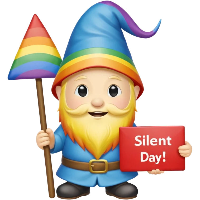 A zen rainbow gnome, holding a sign reading "Silent Letter Day, who's with me?” emoji