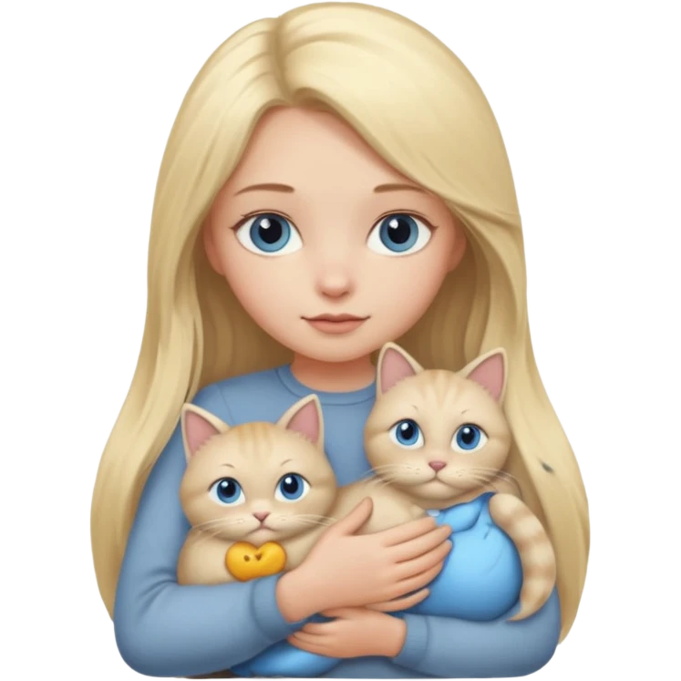 blonde girl with long blonde hair and blue eyes with chubby gray cat emoji