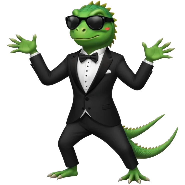 capitalist iguana banker in tuxedo and black sunglasses dancing emoji