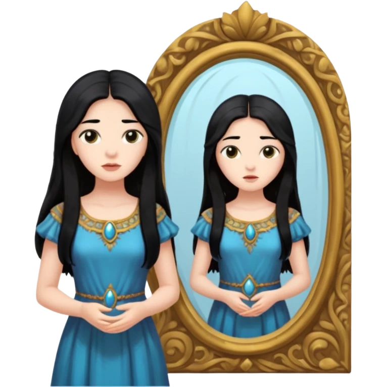 Woman facing ancient mirror, reflection slightly delayed and darker emoji