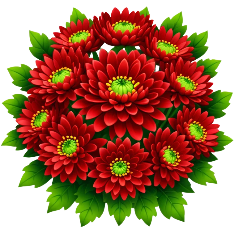 big bouquet Bright Red Chrysanthemum, luxuriant, leaf, bud emoji