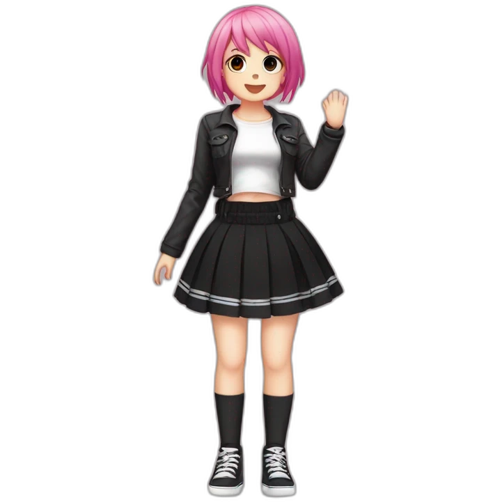 Full body Front view curvy emo girl pink hair sits on the floor straight view hands up black skirt полосатые рваные чулки emoji