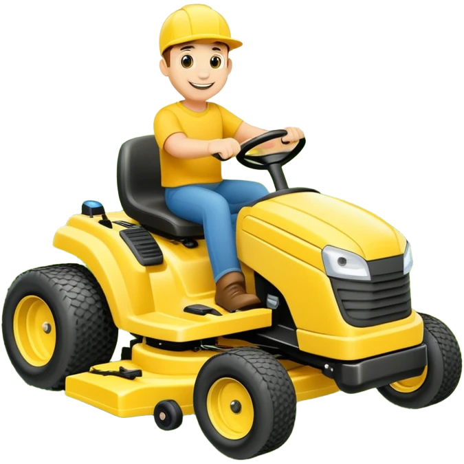 Lawn mowing character or mascot on a yellow zero turn ride on mower emoji