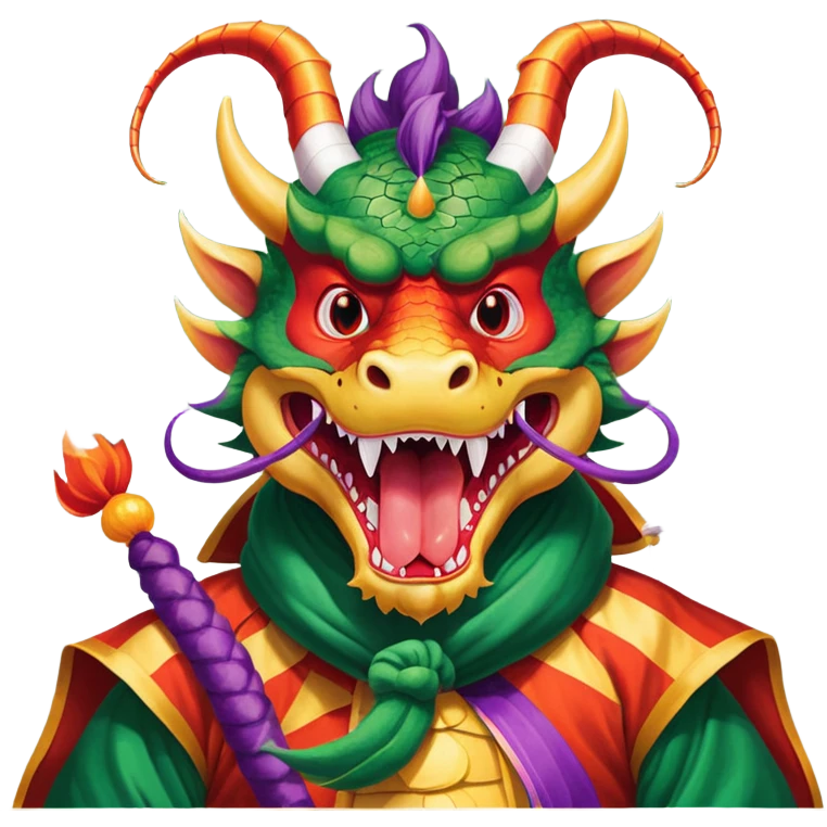 He is a Chinese dragon costume. His Chinese Dragon costume's head and face are red and his mouth is open with his tongue showing. His eyes are red and white vertical stripes and has horns behind the eyes. Under his chin is an orange party streamer. His nose puffs out actual smoke. His body and tail have red on the top, green at the bottom, dark green in the middle and a purple blanket below it. emoji