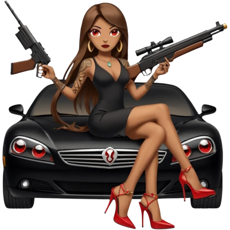 Lilith tan skin female red eyes symbol. Tattoo arms. Her hair is brown straight long hair.wearing sexy long sexy dress with slit. black stiletto thick platform high heels shoes on. Sitting on gold giant luxury car with cash inside . She is holding a sniper rifle in one hand cash in other hand emoji