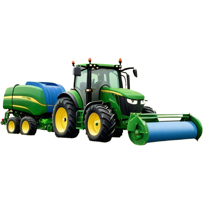 Baler – New Holland Roll-Belt 560 (2018) – Cinematic-realistic John Deere 6155M tractor towing a New Holland Roll-Belt 560 baler, its deep green body contrasting with the bright blue baler. The massive machine moves steadily through golden fields, compressing freshly cut hay into tight round bales, while dust swirls under the blazing afternoon sun. emoji