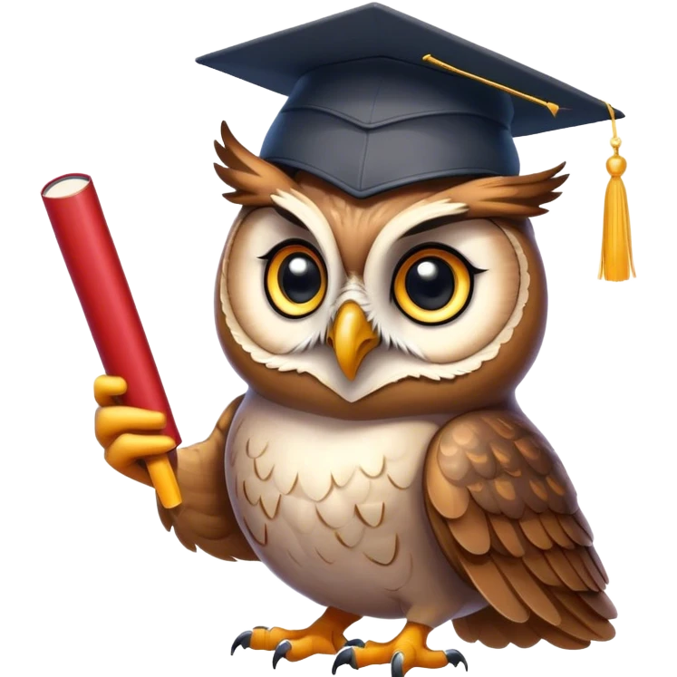 Owl with graduation hat and diploma in claws emoji