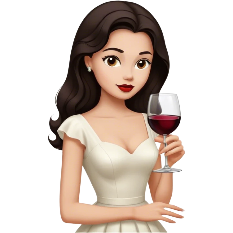 Beautiful woman in 1950’s woman fashion look, white dress, long hair, wine, dark brown hair emoji