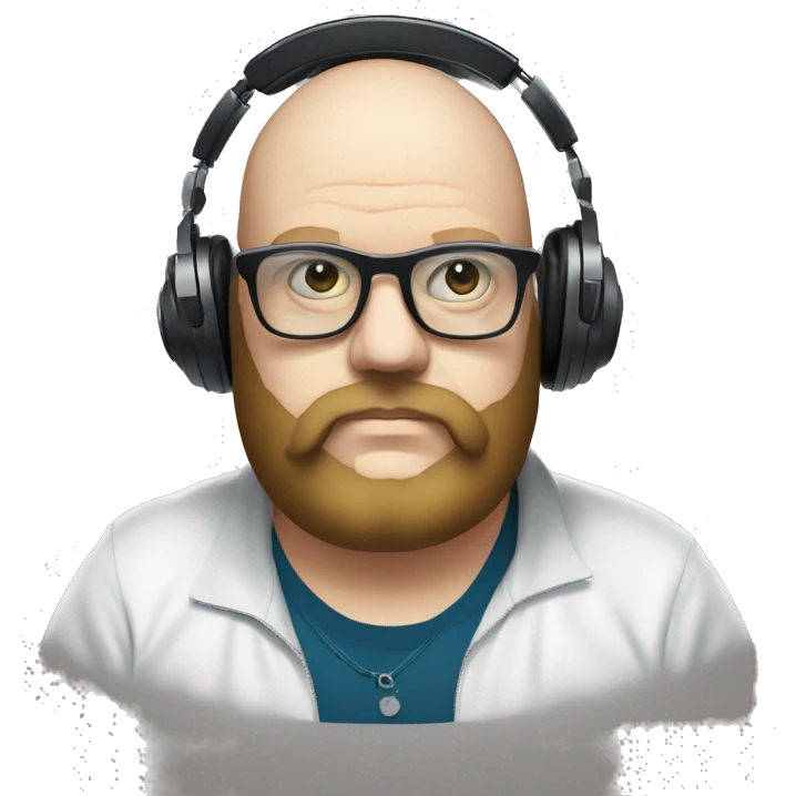 Fat white dj with a mobius beard behind turntables wearing glasses emoji