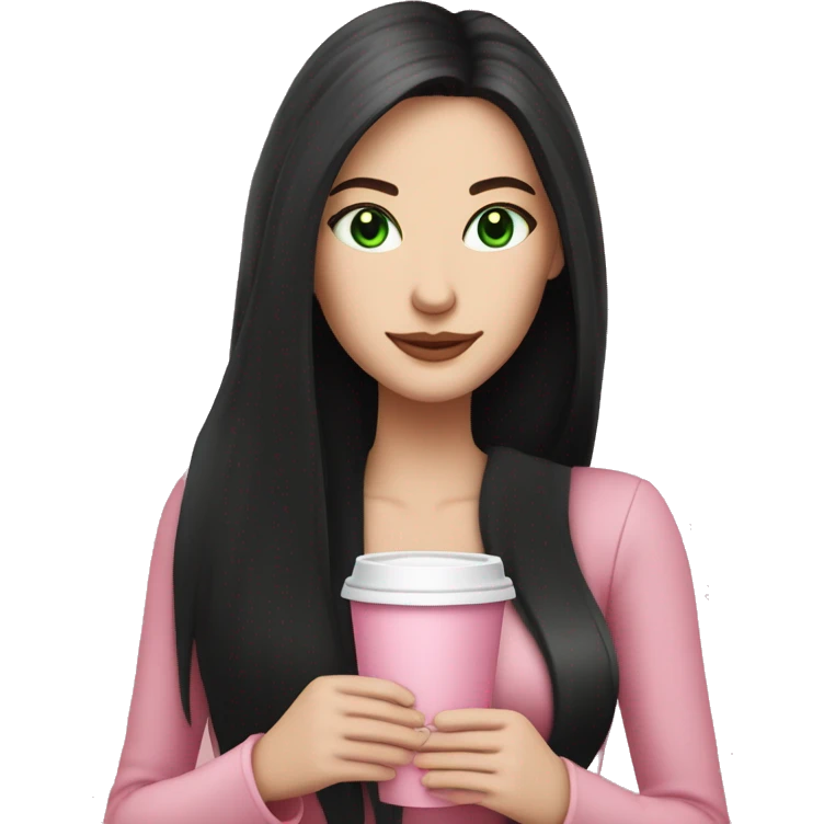 pretty woman with pale skin, very long black hair and green eyes and light pink outfit holding a pink coffee cup emoji