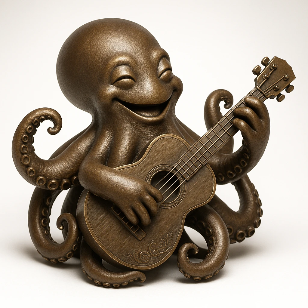 happy octopus with multiple arms playing guitar emoji