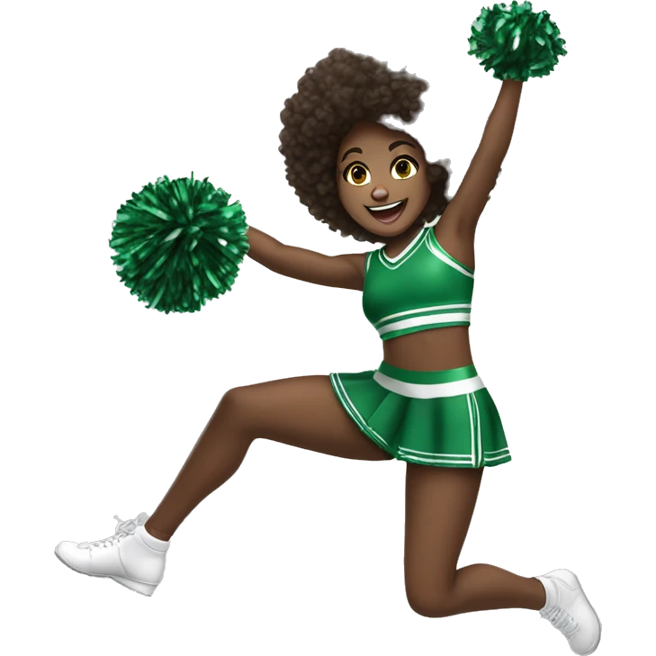 African-American girl, jumping up, happily holding two cheer pom-poms while wearing a green cheerleading outfit that reads pack in the center of the cheer uniform ￼ emoji