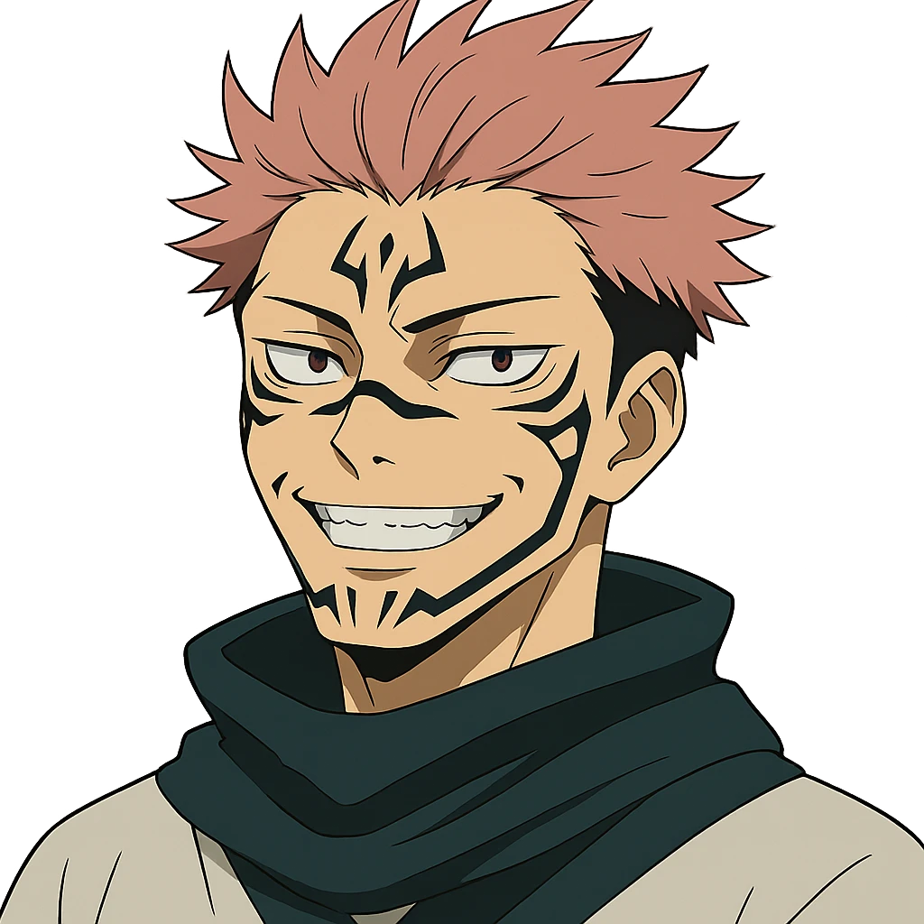 Sukuna, Yuji's alternate form, tattoos on face, sinister smile, anime style emoji
