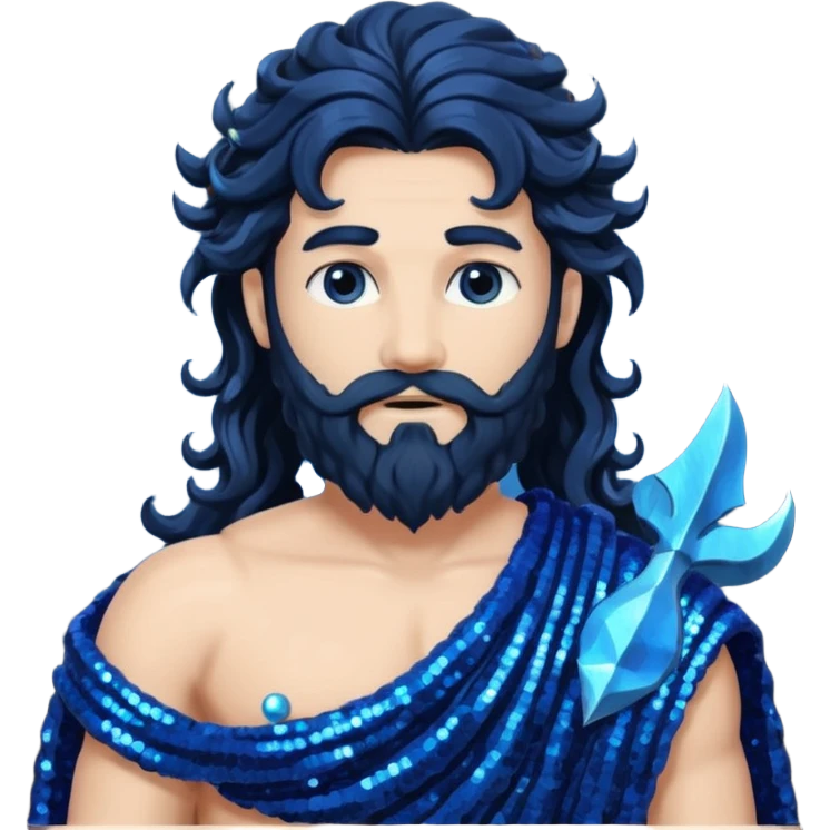 Neptune, God of Sea from Roman Deities with long jet black wavy hair and beard, dark blue sequin toga emoji