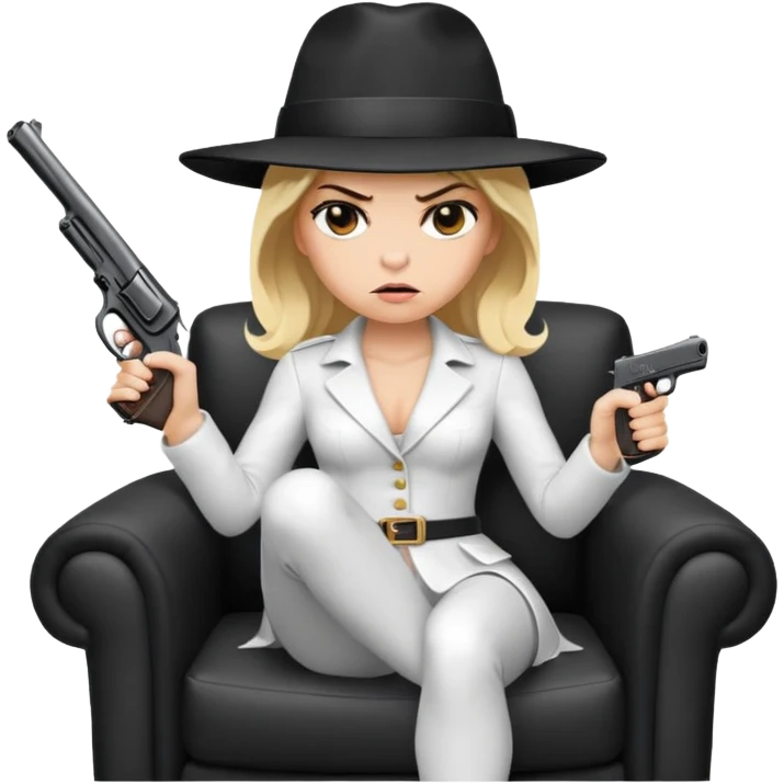 Mafia blondes angry woman in hat , gun ,black armchair , white costume  emoji
