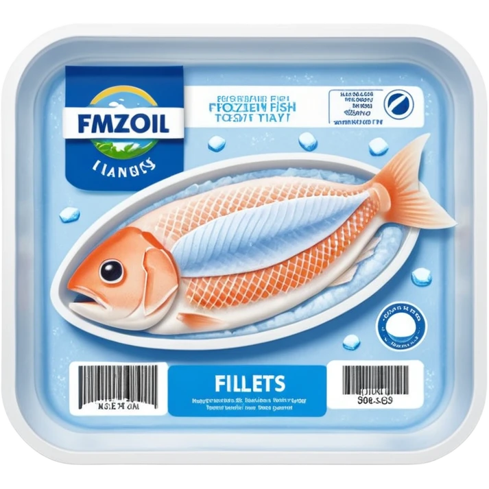 A vacuum-sealed plastic tray containing frozen white fish fillets, covered with thin layers of frost. The packaging has a clear window showing the fish, and a blue label with product details and a barcode. Realistic supermarket freezer setting with cold mist and LED lighting. emoji