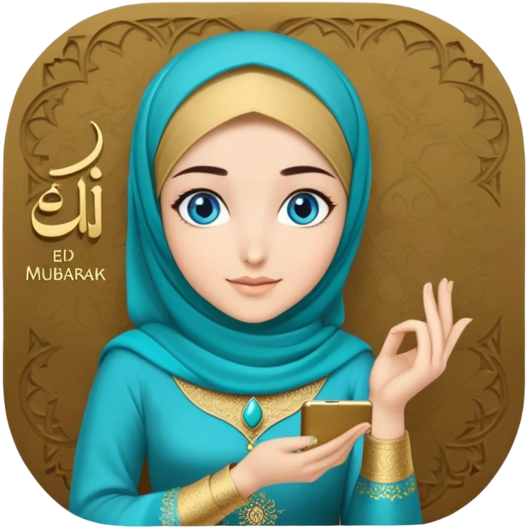Turkish beautiful finish Konya girl blue eyes with gold hijab and islamic long tailed turquoise dress and had on her hand text Eid Mubarak  emoji
