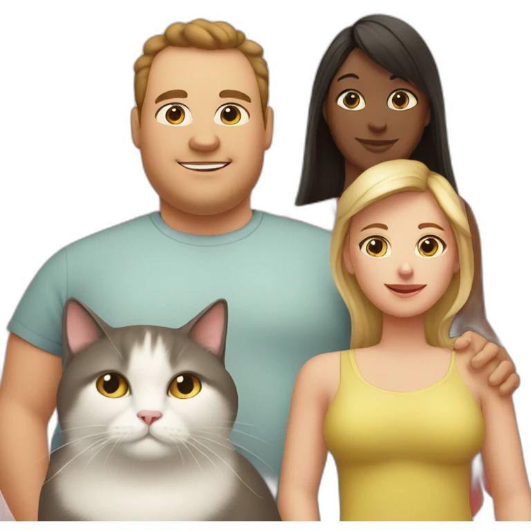 Family photo a fat husband and a woman and them two cats one white and second is black emoji