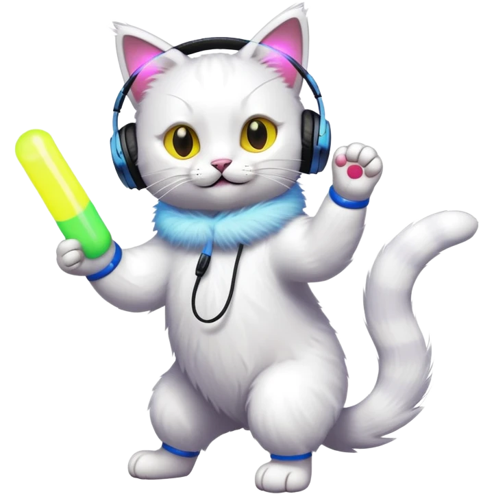cat dancing with headphones, glow sticks, college party atmosphere emoji