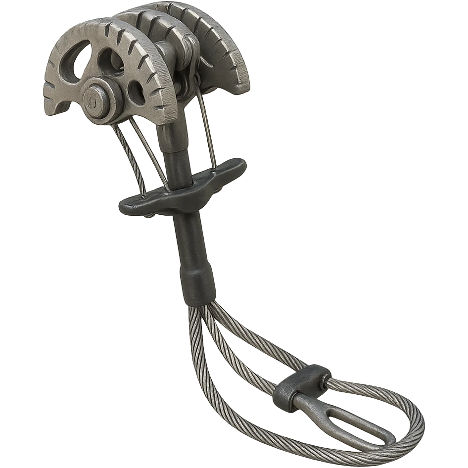 a traditional climbing camming device, detailed, metallic, with lobes and a stem, isolated on transparent background emoji