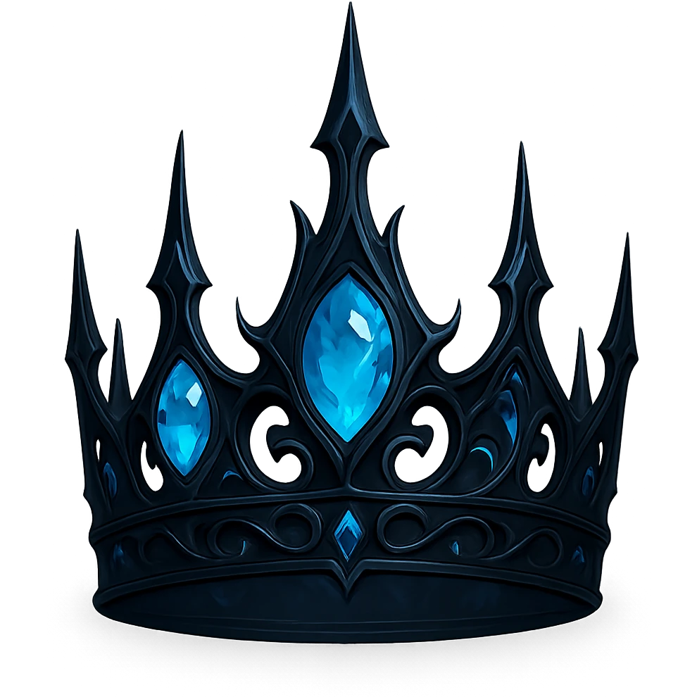 gothic crown in matte black with glowing blue accents and icy blue gems, haunting and magical emoji