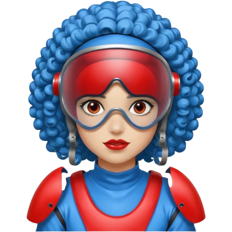 blue curly girl with huge earrings wearing red paintball helmet with eye protection, only face  emoji