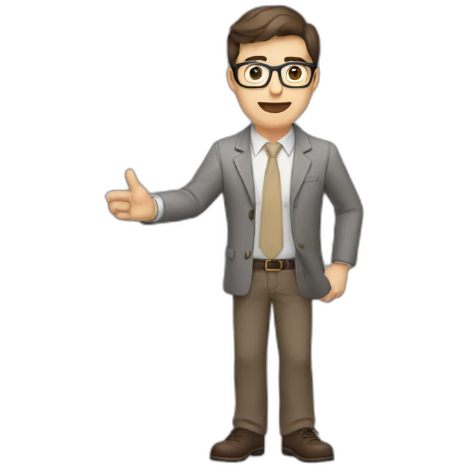To belt Actively gesturing with hands Pale skinned fit man teacher with dark brown hair in gray jacket, beige office shirt, brown tie, brown pants and vintage glasses. emoji