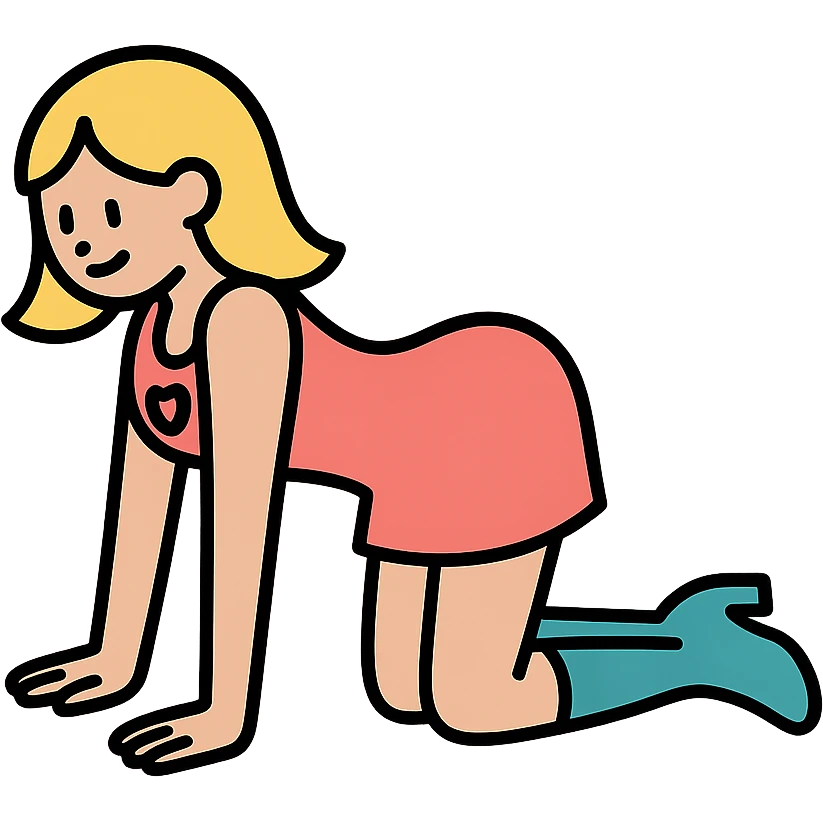 girl in a short dress with gogo boots, blond hair, cut-out heart in the dress, yoga cat pose emoji