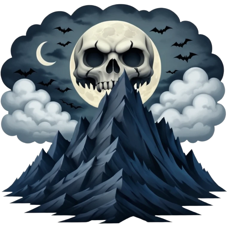 A dark and evil mountain range with a creepy moon and clouds over head. In the style of your bleeding skull art emoji