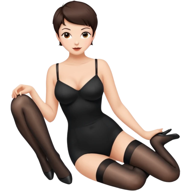 Buxom brunette pixie hair intimate sfw black nylon stocking pose emoji
