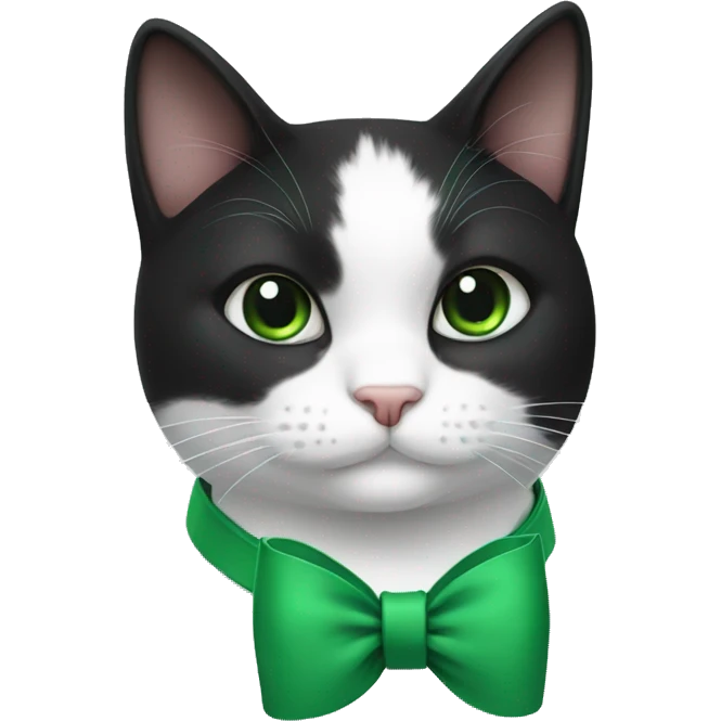 Black and white cat with green bow at neck emoji