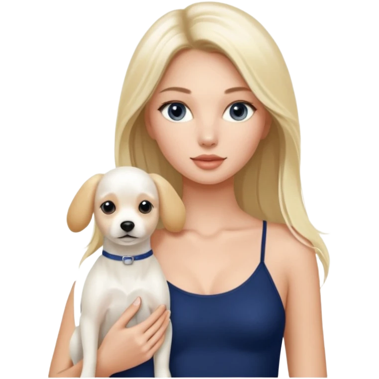 Victoria’s Secret model with long light blonde straight balayage hair, dark blue almond and small eyes, oval face, small lips, skinny long waist, firm legs, White Spaghetti top. In her arm she holds a with a White belgian dog  emoji