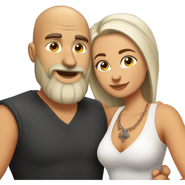 White orange Bearded guy with bald head and tattoos on left hand hugging a long brunette hair Croatian girl with nose ring stud emoji