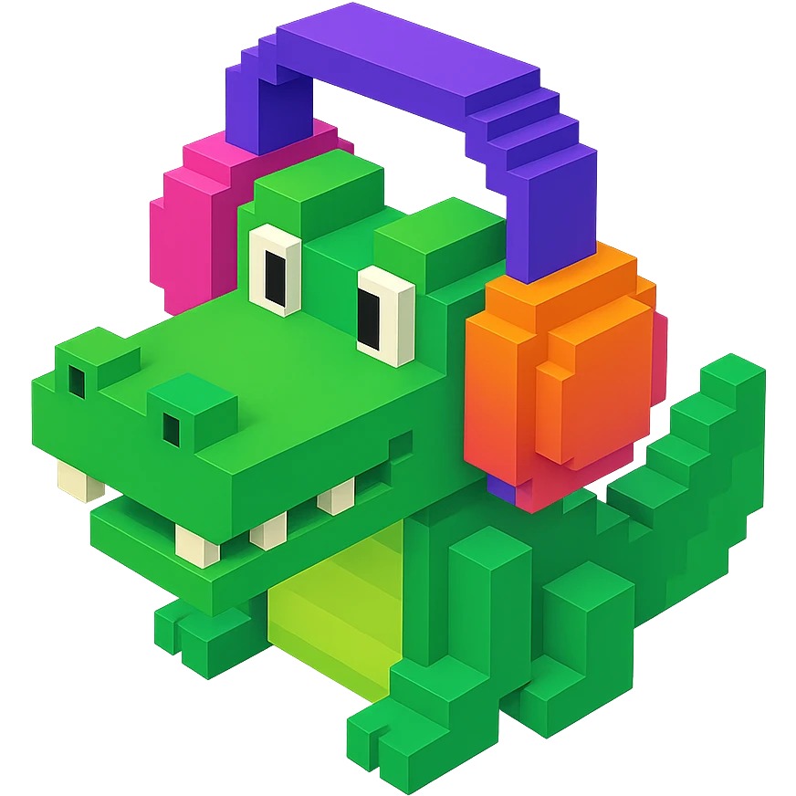 voxel style crocodile with colorful headphones, isometric view emoji