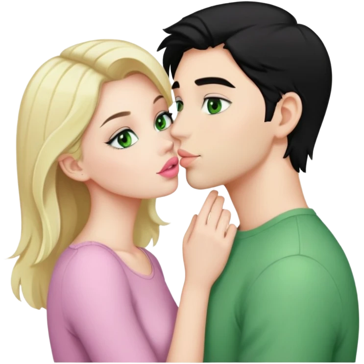 A blonde girl with fair skin and green eyes and light pink lips a guy with black hair and fair skin and green eyes are kissing emoji