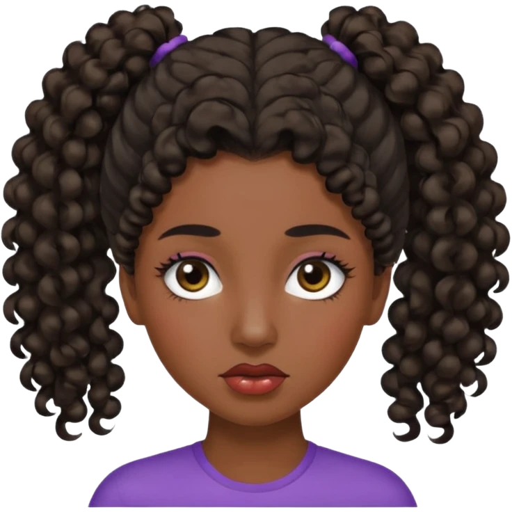 emoji sucking its lips in with one eyebrow up and the other one down dark skin and curly hair in one ponytail with eyelashes up to her hair emoji