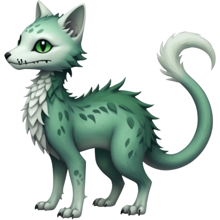 Kawaii divine swampy white-skeletal gloomy ghostly dark greyish dark-deep-greenish foggy eldritch elegant cute beautiful realistic edgy fantasy feline-vernid-sergal-fursona animal creature with a tufted tail full body with intricate markings  emoji