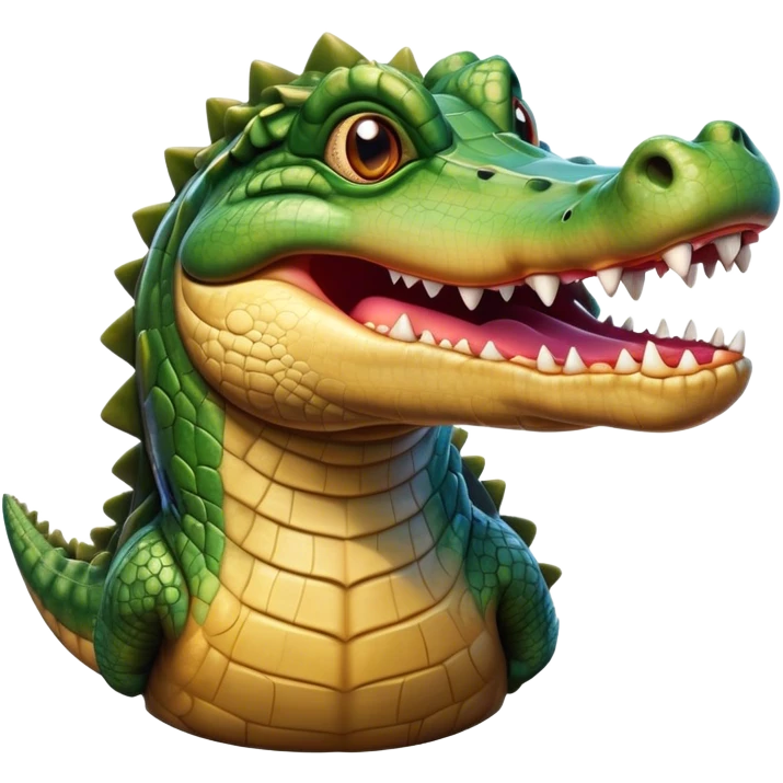 Cinematic Realistic Comical Crocodile Portrait Emoji, Head tilted dramatically with an exaggeratedly amused expression, featuring a striking, glossy scaly hide with bold textures and wide, expressive eyes full of playful disbelief, rendered with vivid natural hues and lifelike detail, high shine, dramatic yet playful, styled with an air of cheeky aquatic mischief, soft glowing outline, capturing the essence of a spirited and over‐the‐top crocodile that looks ready to snap its jaws in a burst of viral wild humor! emoji