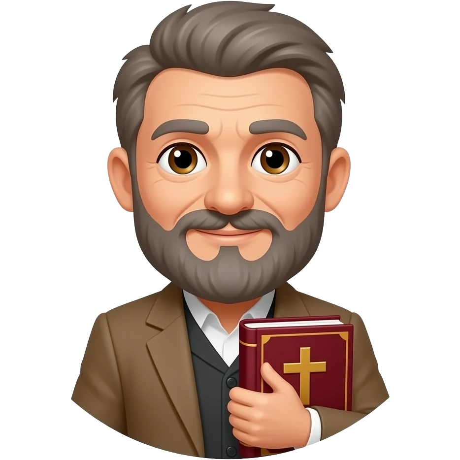 wise old man with grey brown hair slight smile brown eyes beard with burgundy book that has a cross on it no circle emoji