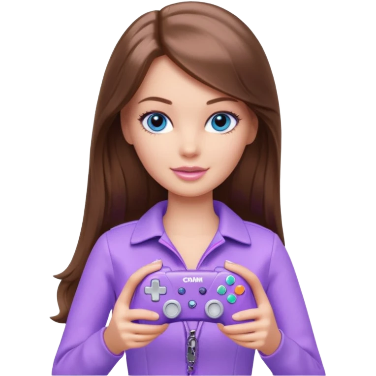 beautiful barbie girl with long brown hair, blue eyes and wearing light purple clothes playing console games with controller emoji