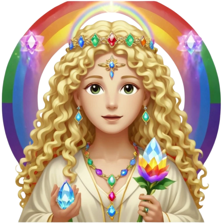 a being made of light pleidian nordic long faces and curly huge thick blond hair but beautiful features of light wearing jewels and a rainbow halo like a saint arount her a robe on made of light and gem  transparent belly dancer and who is lanky holding a bouquet of crystal flowers on rainbow fire emoji