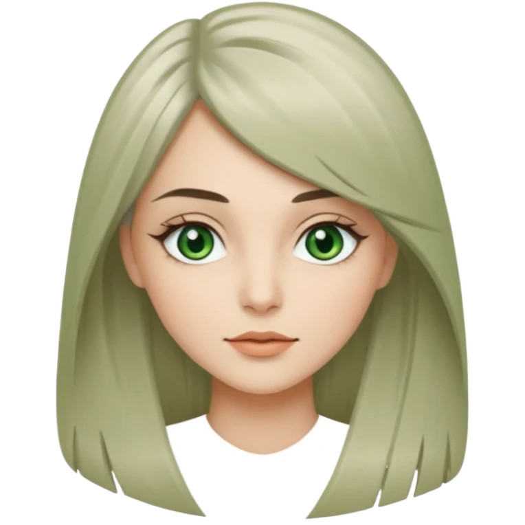 женщина с зелёными глазами, красивыми бровями, серо-бежевыми длинными волосами, подстриженных каскадом, с асимметричным пробором, прямой чёлкой emoji