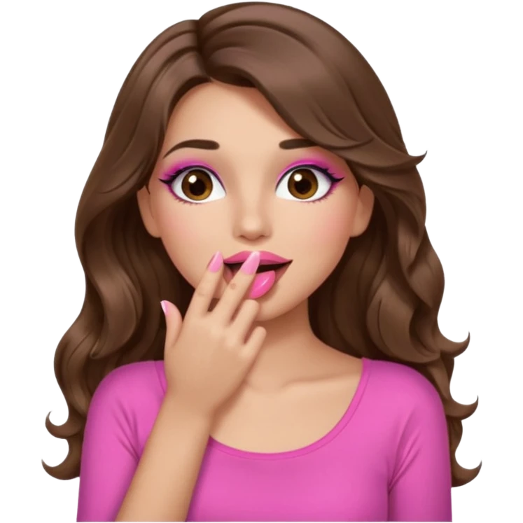 girl with long wavy brown hair, brown eyes, long lashes makeup, sexy pink lips, light to medium complexion, wearing a pink sexy top, sexy, giggling hand covering mouth emoji