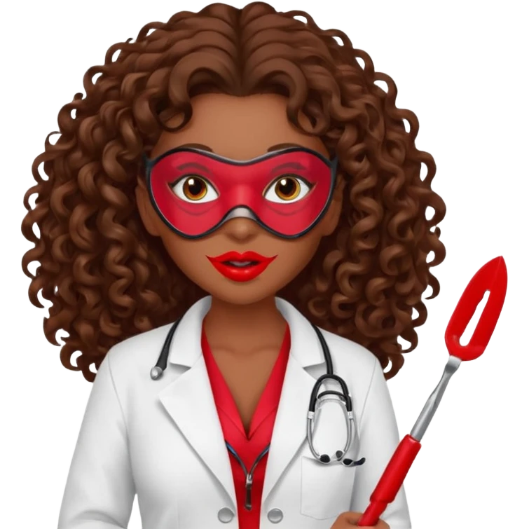 Lilith symbol seductress evil woman. She had brown long curly hair.  evil surgeon kills with scalpel wears red sexy doctor coat with red mouth mask  emoji