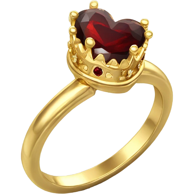 Gold crown shaped engagement ring with heart shaped garnet stone in center front facing emoji